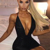 Hnewly Glitter Sequin Women Strap Mini Dress Deep V Neck Lace Up Bandage Backless Bodycon Sexy